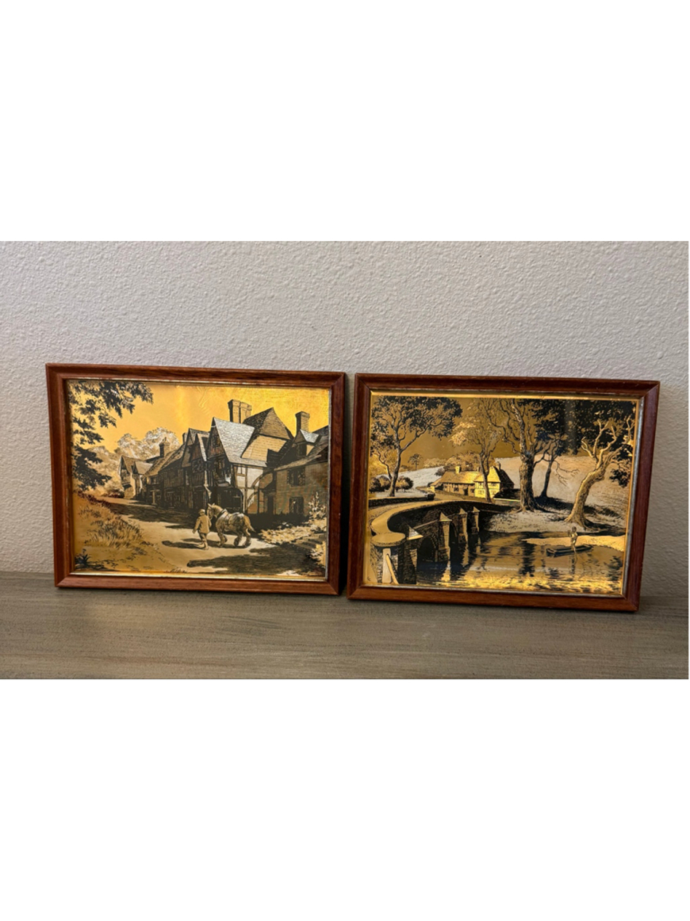 Pair Vintage Dufex Gold Foil Prints Framed Mid-Century English Village Artwork